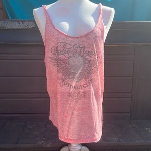 Harley Davidson, pinkish red with back detail and skull with wings on front